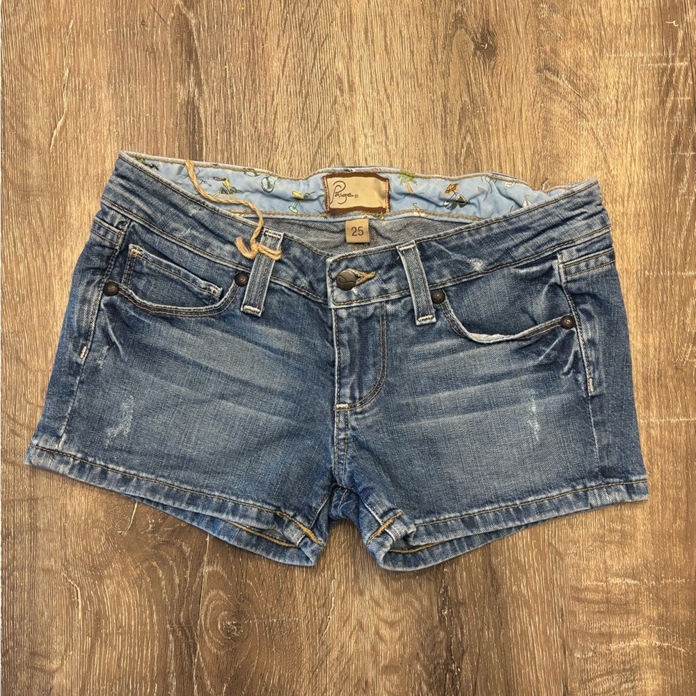 PAIGE Distressed Medium Blue Denim Shorts